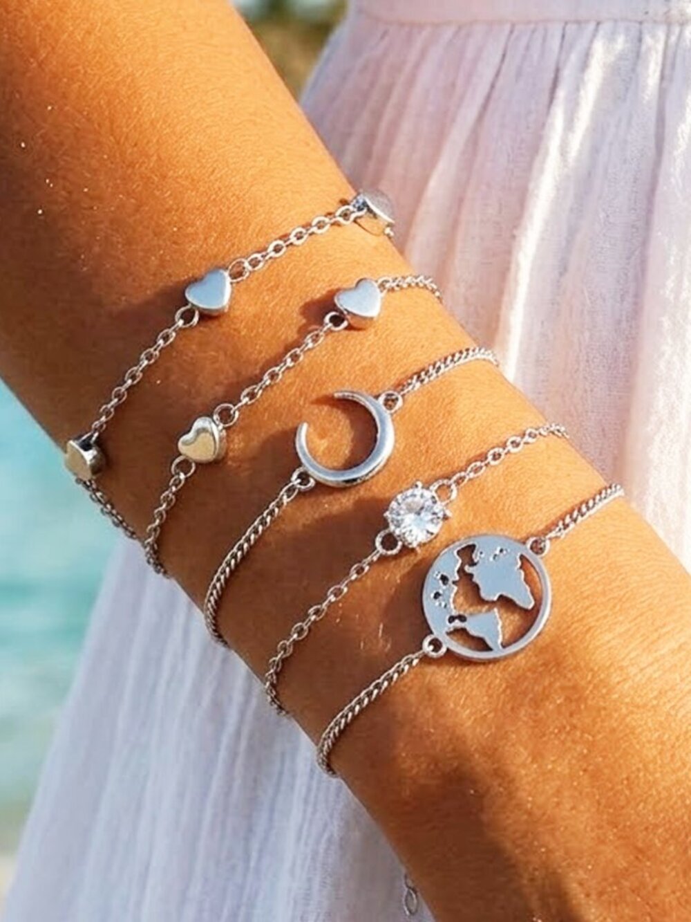 World Moon Heart Bangle Bracelet Set